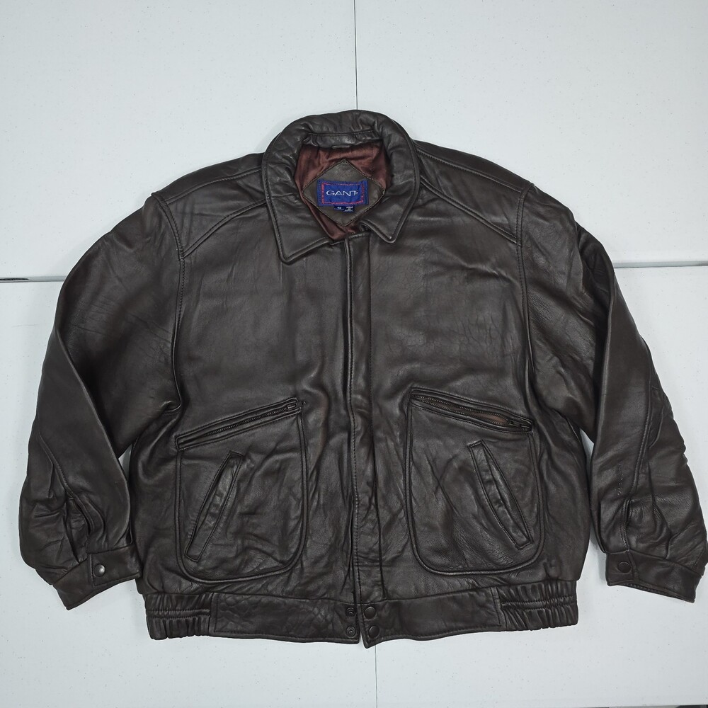 RIPPED/HOLE/CUT Vintage Gant Men 46 Brown Leather Lined Zippered Bomber Jacket